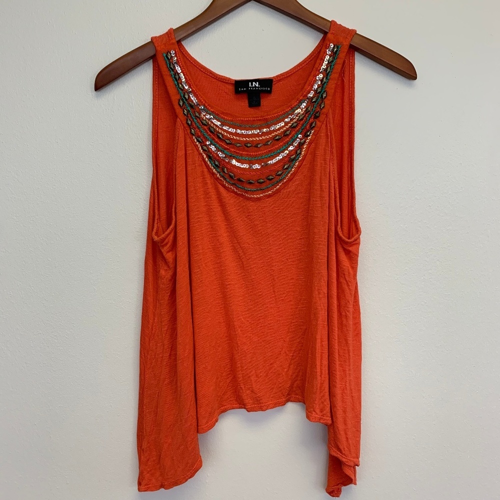4/$20 I.N. San Francisco orange beaded tank top